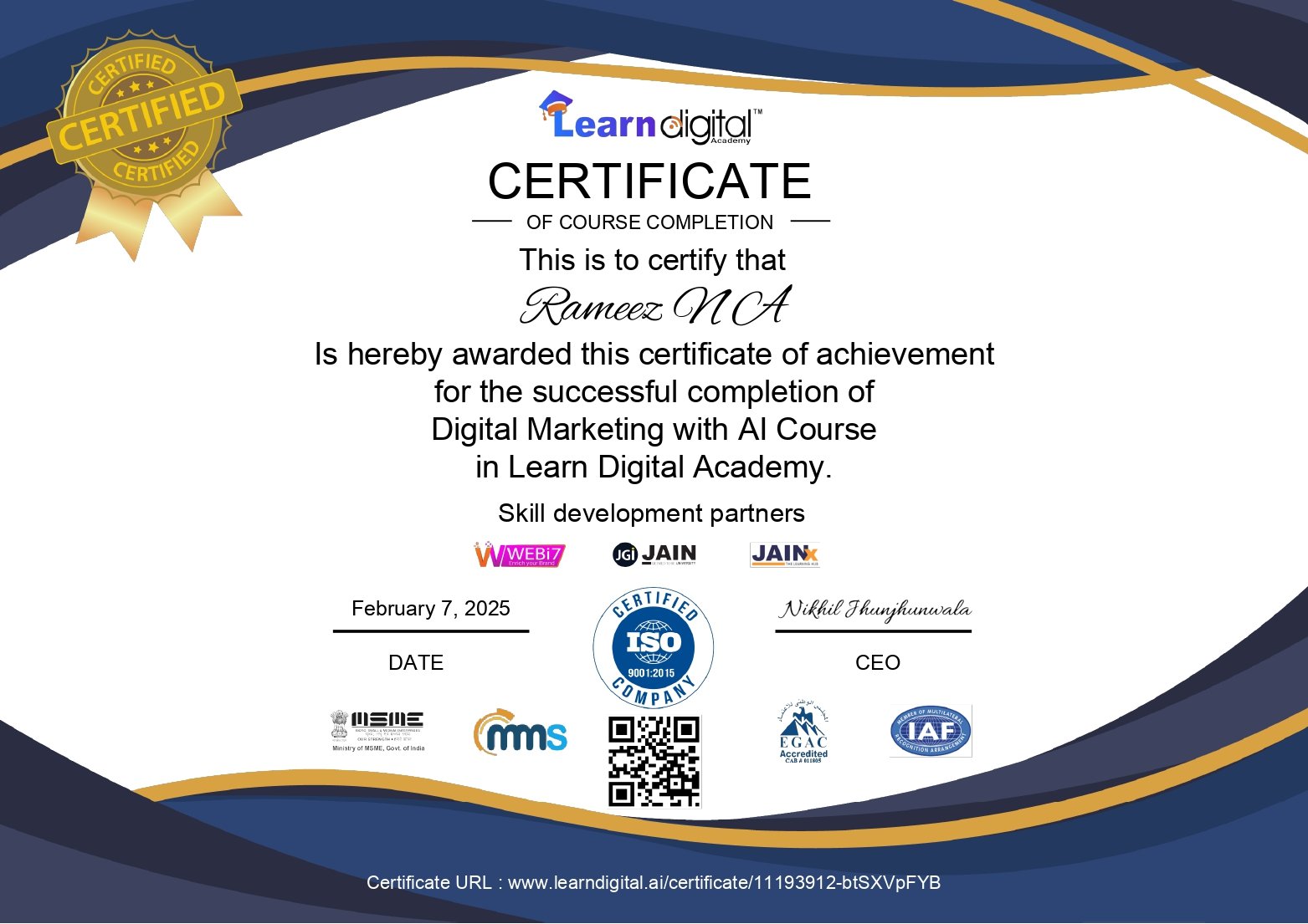 digital marketing & ai certificate rameez n a
