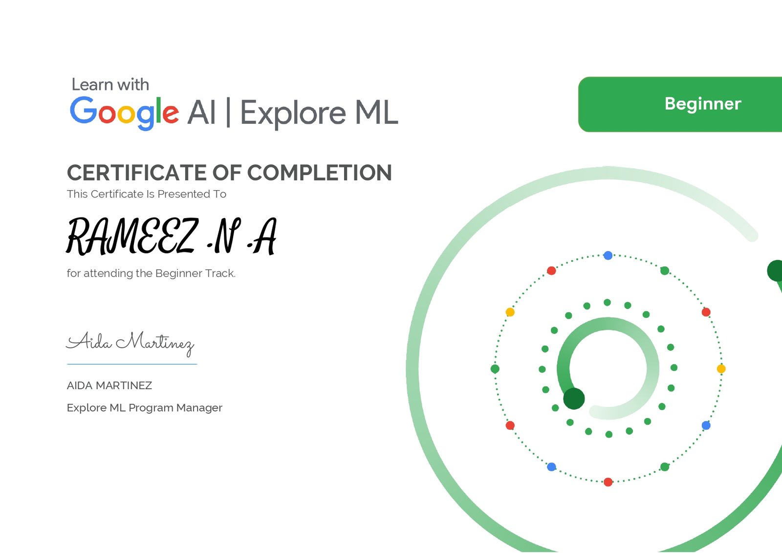 explore ml certificate beginner rameez n a