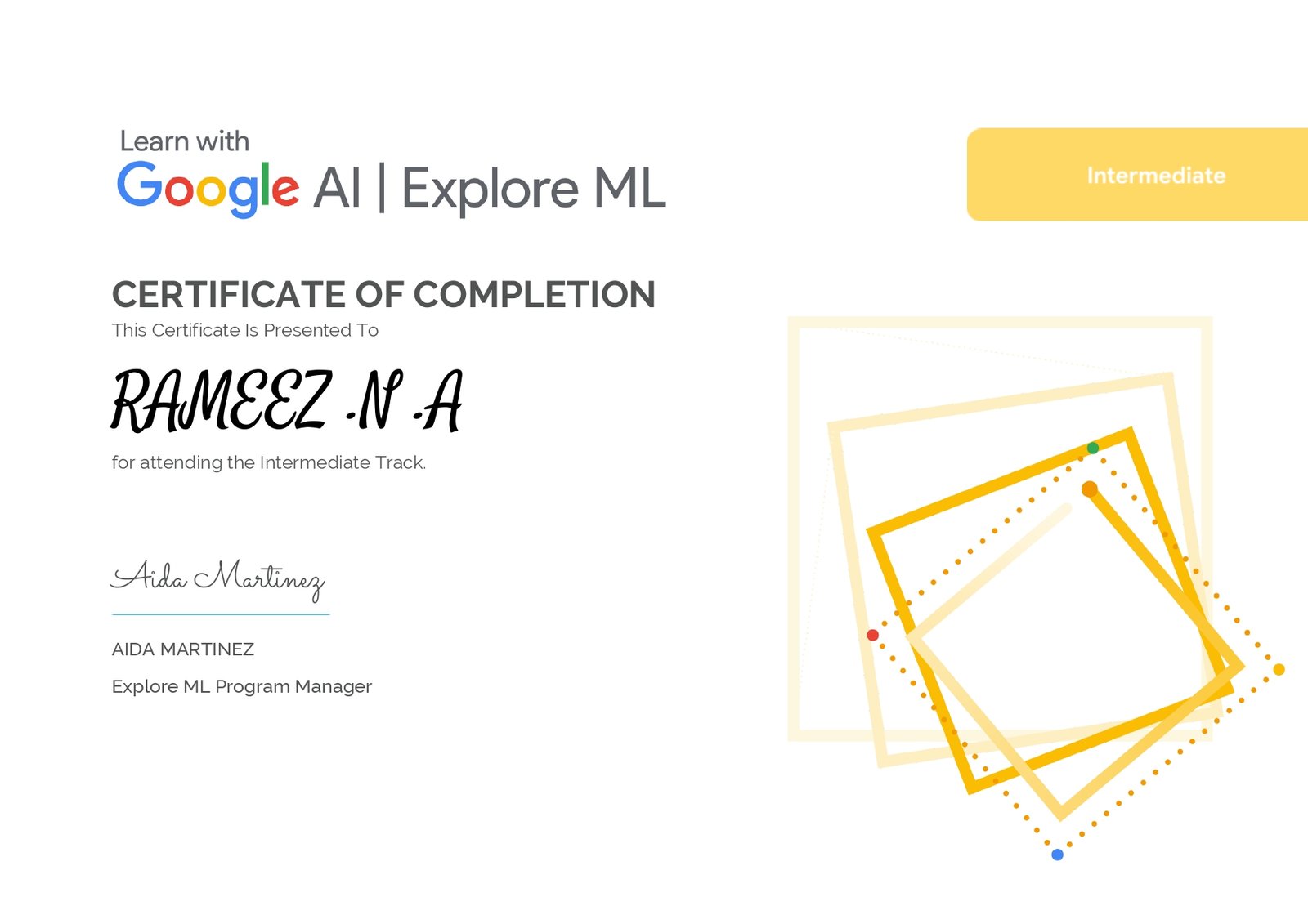 explore ml certificate intermediate rameez n a